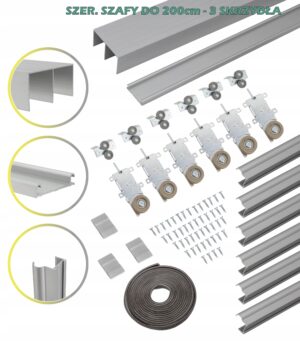 system szaf przesuwnych RAM C 200cm 3 drzwi SREBRNY kółka wózki prowadnice